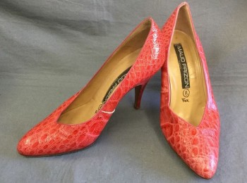 MAUD FRIZON, Red, Leather, Reptile/Snakeskin, Pumps, Snakeskin Texture, Almond/Rounded Point Toe with Pointed Foot Opening in Front, 4" Heel,