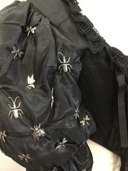 Period Corsets, Black, Silver, Silk, Metallic/Metal, Solid, Bodice, Black Taffeta Fancy Silver Metal Plate W/ Multiple Insects Applique Black Lace Trim Poofy Sleeves Lace Cuffs Lace Up Back Black Velvet & Silk Ribbon Bows See Detail Photo,