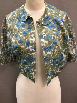 L'AIGLON, White, Green, Blue, Black, Nylon, Floral, Jacket 3/4 Sleeve, Peter Pan Collar, Open At Center Front, Cropped Length, Early 1960's