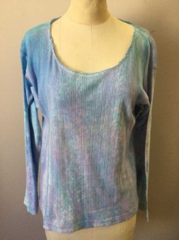 SRUBEL, Sky Blue, Bubble Gum Pink, White, Cotton, Tie-dye, Mottled, Ribbed Knit Jersey With Tiny Diamonds, Long Sleeves, Scoop Neck, Lace Detail at Scoop Neck