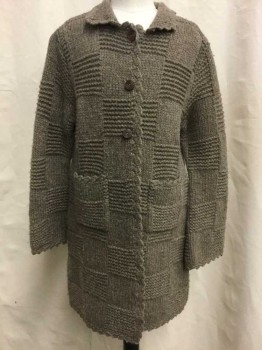 BONPOINT, Dk Khaki Brn, Wool, Check , Button Front, Collar Attached, Sweater Knit, 2 Pockets, Basket Weave Pattern, Scallopped Edges 4 Buttons,