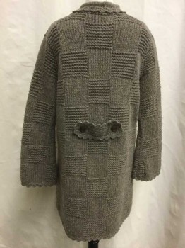 BONPOINT, Dk Khaki Brn, Wool, Check , Button Front, Collar Attached, Sweater Knit, 2 Pockets, Basket Weave Pattern, Scallopped Edges 4 Buttons,
