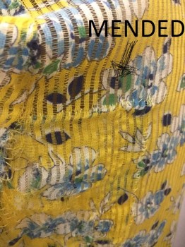 N/L, Yellow, White, Powder Blue, Green, Dk Blue, Cotton, Floral, Sheer Rib Knit Jersey, Short Sleeves, High Square Neckline with Smocking Detail Near Edge, V Shape Waistband, Hem Below Knee, ***Torn at Center Back Neck Near Hook/Eye Closure, Large Mend Under Arm,  **3 Pieces Total: Comes with Non-Coded Sash Belt