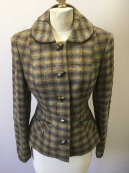 N/L, Multi-color, Sage Green, Red Burgundy, Brown, Slate Blue, Wool, Plaid-  Windowpane, Thick/Scratchy Wool, L/S, Rounded Collar, 5 Unusual Diamond Shaped Black Buttons with Beige and Glitter Painted Detail, 2 Hip Pockets with Scallopped Overlapping Detail, Padded Shoulders, Navy Lining, Made To Order