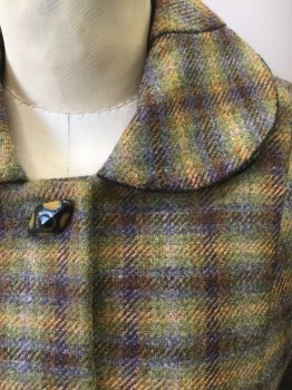 N/L, Multi-color, Sage Green, Red Burgundy, Brown, Slate Blue, Wool, Plaid-  Windowpane, Thick/Scratchy Wool, L/S, Rounded Collar, 5 Unusual Diamond Shaped Black Buttons with Beige and Glitter Painted Detail, 2 Hip Pockets with Scallopped Overlapping Detail, Padded Shoulders, Navy Lining, Made To Order