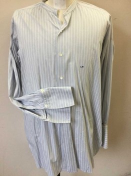 FERY , Lt Gray, Lt Blue, White, Cotton, Stripes - Vertical , Long Sleeve Button Front, Band Collar, Royal Blue "L P" Embroidered Monogram at Chest  **Comes with 2 Pairs of Non-Coded Detachable French Cuffs (4 Individual Cuffs Total),