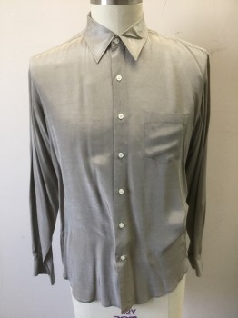PERRY ELLIS, Gray, Rayon, Solid, Sharkskin Weave, Slightly Metallic Sheen, Long Sleeve Button Front, Collar Attached, 1 Patch Pocket, **Has a Double