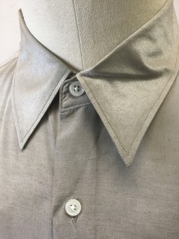 PERRY ELLIS, Gray, Rayon, Solid, Sharkskin Weave, Slightly Metallic Sheen, Long Sleeve Button Front, Collar Attached, 1 Patch Pocket, **Has a Double