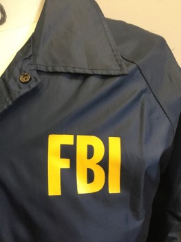 FIRST CLASS, Navy Blue, Nylon, Solid, (MULTIPLE)  Collar Attached, Solid White Lining, Snap Front, 2 Slant Pockets, Raglan Long Sleeves with Elastic Hem,  with Yellow 'FBI" Front & Back