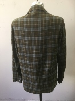 N/L, Tan Brown, Olive Green, Lt Gray, Cream, Wool, Plaid-  Windowpane, 5 Pearl Buttons, Single Breasted, 2 Hip Pockets, Box Pleat at Chest, No Vents, Half Lining,