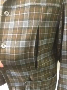 N/L, Tan Brown, Olive Green, Lt Gray, Cream, Wool, Plaid-  Windowpane, 5 Pearl Buttons, Single Breasted, 2 Hip Pockets, Box Pleat at Chest, No Vents, Half Lining,