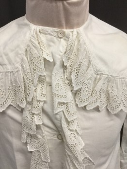MTO, Off White, Cotton, Solid, Girls Blouse, Long Sleeves, Button Front, Eyelet Ruffled Placket and Collar Trim, Sailor Collar, Drawstring Waist, Made To Order