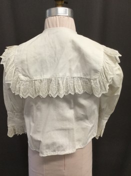 MTO, Off White, Cotton, Solid, Girls Blouse, Long Sleeves, Button Front, Eyelet Ruffled Placket and Collar Trim, Sailor Collar, Drawstring Waist, Made To Order