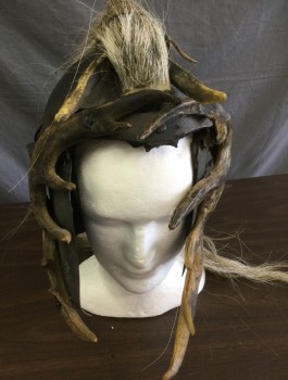 N/L, Pewter Gray, Brown, Lt Brown, Fiberglass, Fur, Faux Aged Metal, Open Face Surrounded By Antlers, Light Brown Horsehair/Fur Tuft Across Crown of Head, Viking Warrior, Made To Order