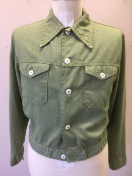 FARAH, Avocado Green, Cotton, Solid, Avocado Denim/Twill, 5 White Buttons at Center Front, 2 Button Flap Pockets, Exaggerated Collar, Slightly Cropped Length,