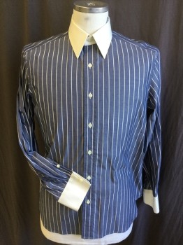 ANTO  (MTO), Steel Blue, White, Cotton, Stripes - Vertical , Solid White Collar Attached, Long Sleeves Cuff, Button Front, Curved Hem