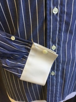 ANTO  (MTO), Steel Blue, White, Cotton, Stripes - Vertical , Solid White Collar Attached, Long Sleeves Cuff, Button Front, Curved Hem
