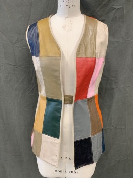 N/L, Brown, Gray, Red, Ochre Brown-Yellow, Navy Blue, Leather, Patchwork, V-neck, Open Front, Tab Button Interior Closure, 2 Pockets,