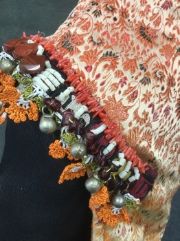 MTO, Orange, Champagne, Dk Red, Black, Dk Green, Silk, Floral, Silk Brocade, Pointy Top, Ear Flap, Black/Dark Red/White Forehead Band with Beds, Red Shells, Bells