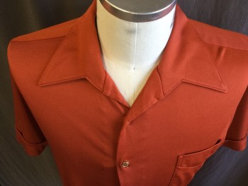 D'AVITA, Dk Orange, Polyester, Solid, Collar Attached, Button Front, 1 Pocket, Short Sleeves,