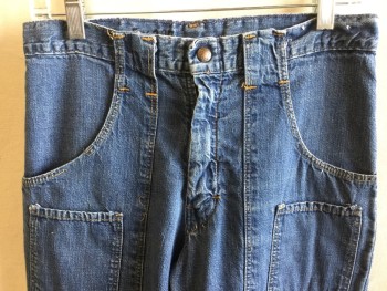 N/L, Blue, Cotton, Solid, Denim, Large Belt Hoops Attached to 2 Front Pockets, (6 Pockets All Together), Zip Front,