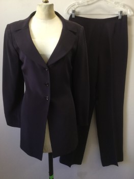 TAHARI, Aubergine Purple, Silk, Solid, Single Breasted, Collar Attached, Rounded Lapel, Long, Long Sleeves, 3 Buttons, Shoulder Burn