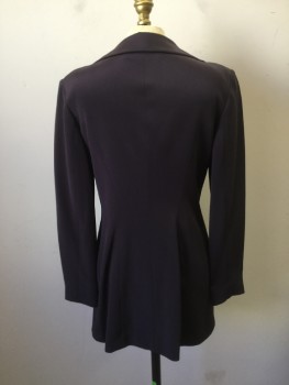 TAHARI, Aubergine Purple, Silk, Solid, Single Breasted, Collar Attached, Rounded Lapel, Long, Long Sleeves, 3 Buttons, Shoulder Burn