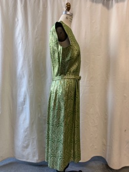 NO LABEL, Green, Gold, Synthetic, Paisley/Swirls, Brocade, V-neck, Sleeveless, Pleated Skirt, Side Zipper, Comes with Belt, Dress and Jacket