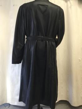 N/L, Black, Leather, Solid, Collar Attached, Long Sleeves, Single Breasted, 4 Button, Notched Lapel, Vertical Welted Seam Pleats on Front and Back, Inverted Triangle Cutout C/B, 2 Slash Pockets,Matching Belt (no Buckle), Calf Length