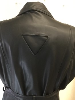 N/L, Black, Leather, Solid, Collar Attached, Long Sleeves, Single Breasted, 4 Button, Notched Lapel, Vertical Welted Seam Pleats on Front and Back, Inverted Triangle Cutout C/B, 2 Slash Pockets,Matching Belt (no Buckle), Calf Length