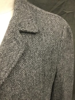 MTO, White, Black, Wool, 2 Color Weave, Tweed, Button Front, Collar Attached, Notched Lapel, 2 Pockets, Long Sleeves, Button Tab Cuff, Knee Length