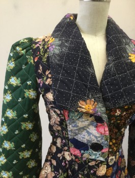 N/L, Multi-color, Navy Blue, Dk Green, Pink, White, Cotton, Patchwork, Floral, Quilted, Patchwork of Different Floral Fabrics, 2 Buttons, Large Lapel/Collar Attached, Peplum Waist, Self Belt Ties Attached at Side Waist, Puffy Sleeves,