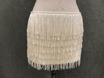 MTO, Ivory White, Polyester, Solid, Mini Skirt, Layers of Fringe, Back Zip, Reproduction