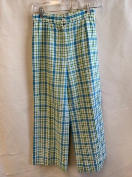 SEARS, Off White, Blue, Lt Yellow, Lt Green, Poly/Cotton, Plaid, Zip Front, Button Closure **Patched Hole on Leg, Small Stains
