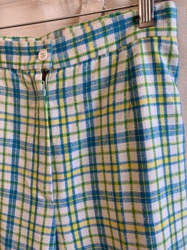 SEARS, Off White, Blue, Lt Yellow, Lt Green, Poly/Cotton, Plaid, Zip Front, Button Closure **Patched Hole on Leg, Small Stains