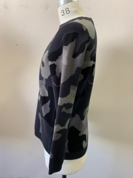 VG HOMME, Gray, Black, Charcoal Gray, Viscose, Nylon, Camouflage, Long Sleeves, Crew Neck,