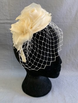LOUISE GREEN, Cream, Straw, Silk, Straw Circle Attached to Headband, with Large Silk Rosettes, Attached White Net