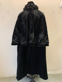 N/L, Black, Silk, Floral, Velvet with Intricate Black Beaded Flowers, 2 Tiered, Poufy Ruffled Collar, Open at Center Front with 2 Hook & Eyes at Neck, Hanging Velvet Tabs at Neck, Floor Length, Satin Lining,