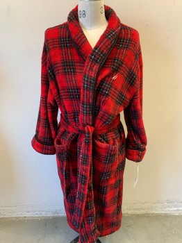 NAUTICA, Red, Black, White, Polyester, Plaid, Shawl Collar, with Belt, 2 Pockets,