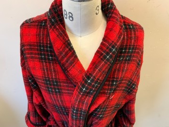 NAUTICA, Red, Black, White, Polyester, Plaid, Shawl Collar, with Belt, 2 Pockets,