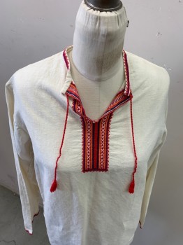 N/L, Off White, Red, Blue, White, Yellow, Cotton, Solid, L/S, Keyhole, Embroidered Tribal Patch, Self Tie Neck Tassel,