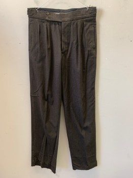 NL, Chocolate Brown, Black, Wool, Stripes - Vertical , Distressed, Button Front, 2 Buttons on Front Right Waist, 2 Adjustable Waist Straps, Small Holes & Snags Throughout, Opened Hem at Bottom of Legs