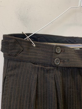 NL, Chocolate Brown, Black, Wool, Stripes - Vertical , Distressed, Button Front, 2 Buttons on Front Right Waist, 2 Adjustable Waist Straps, Small Holes & Snags Throughout, Opened Hem at Bottom of Legs