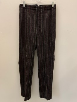 NO LABEL, Black, Maroon Red, Lt Green, Brown, Gray, Wool, Stripes - Vertical , F.F, Button Front, Back Buckle, Made To Order,