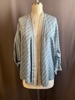 KANEBO EMMA, Baby Blue, Ecru, Lt Blue, Silk, Stripes - Diagonal , Kimono, Open Front, L/S