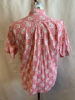 REYNSPOONER, Faded Red, White, Cotton, Squares, Novelty Pattern, Button Down Collar, Button Front, Short Sleeves, 1 Pocket, Red and Off White Squares with Anchors and Wheels