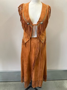 CHAR & SHAR, Orange, Leather, Solid, Western Suede Vest, Front Tie, Turquoise Piping, Fringe Trim
