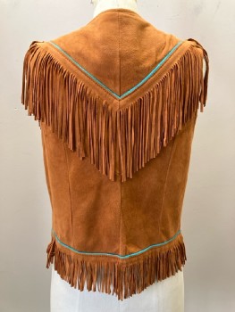 CHAR & SHAR, Orange, Leather, Solid, Western Suede Vest, Front Tie, Turquoise Piping, Fringe Trim