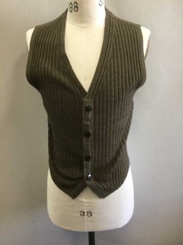 DONNA KARAN, Olive Green, Wool, Cotton, Solid, Ribbed Knit, 4 Button Front, V-neck