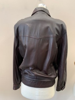 N/L, Dk Red, Leather, Solid, Very Dark Maroon, Zip Front, C.A., Snaps At Collar And Waist, 2 Zip Pckt, 2 Pckt On Seam, Elastic Side Waist, Back Yoke, Snap Cuffs, Little Bit Of Wear